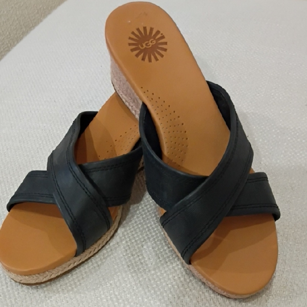 NWT.UGG Women's Black and Tan Wedge Sandals